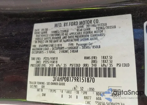 2009 Ford Fusion Sel from USA, damaged, VIN 3FAHP08179R151870